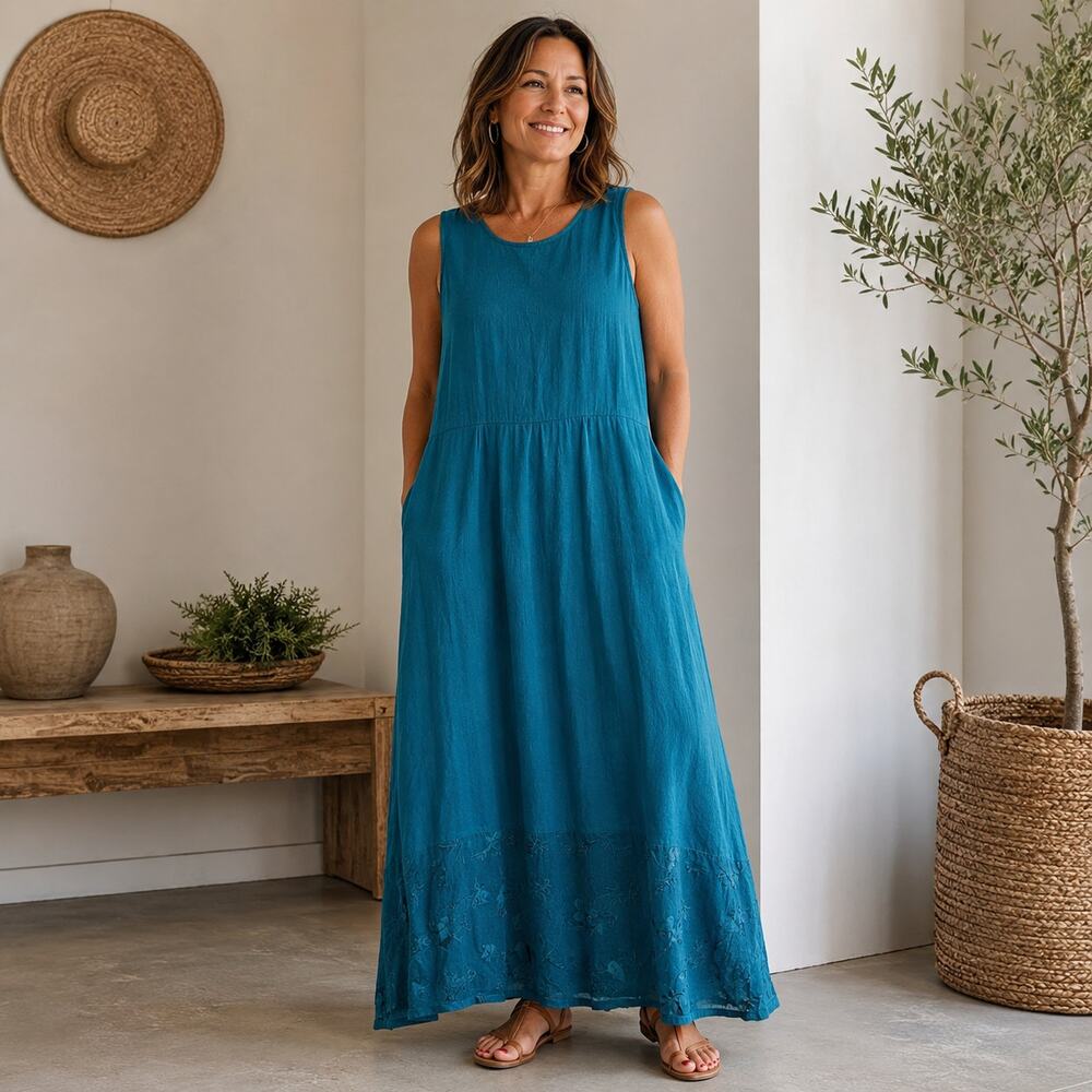 Country Wear casuals Vintage blue linen dress sleeveless Beachy Classic